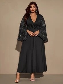 Velvienne Black Sequin Flutter Sleeve Chiffon Dress, Deep V-Neck, Cinched Waist, Evening Gown, Long Dress - Black - View 6