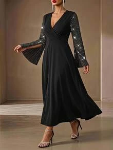 Velvienne Black Sequin Flutter Sleeve Chiffon Dress, Deep V-Neck, Cinched Waist, Evening Gown, Long Dress - Black - View 5
