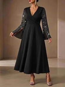 Velvienne Black Sequin Flutter Sleeve Chiffon Dress, Deep V-Neck, Cinched Waist, Evening Gown, Long Dress - Black - View 3