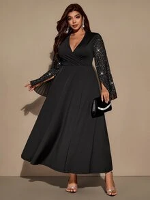 Velvienne Black Sequin Flutter Sleeve Chiffon Dress, Deep V-Neck, Cinched Waist, Evening Gown, Long Dress - Black - View 13