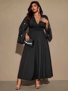 Velvienne Black Sequin Flutter Sleeve Chiffon Dress, Deep V-Neck, Cinched Waist, Evening Gown, Long Dress - Black - View 1