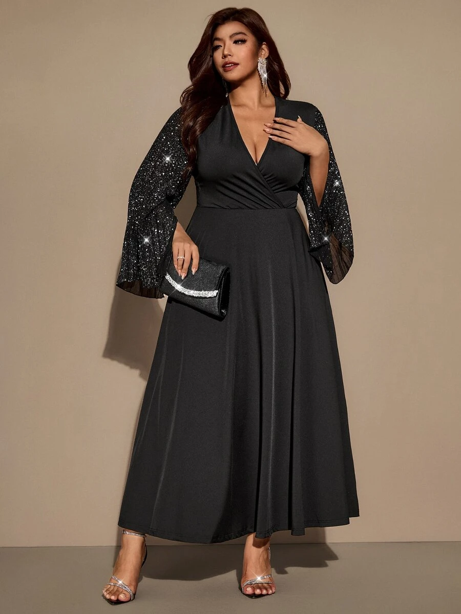 Velvienne Black Sequin Flutter Sleeve Chiffon Dress, Deep V-Neck, Cinched Waist, Evening Gown, Long Dress - Black - View 1