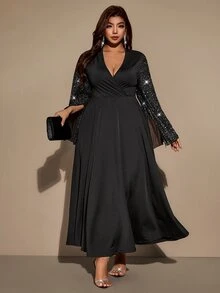 Velvienne Black Sequin Flutter Sleeve Chiffon Dress, Deep V-Neck, Cinched Waist, Evening Gown, Long Dress - Black - View 11