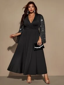 Velvienne Black Sequin Flutter Sleeve Chiffon Dress, Deep V-Neck, Cinched Waist, Evening Gown, Long Dress - Black - View 7