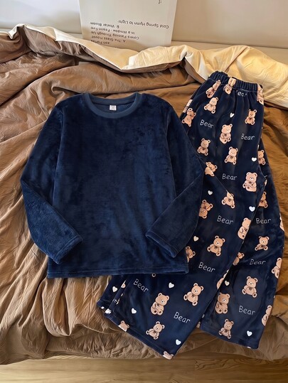 2pcs/ Fleece Lined Set Teen Girls Cute Navy Blue Fall Autumn/Winter Family Matching Pajama Solid Round Neck Long Sleeve Top & Brown Bear Letter Cozy
