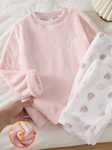 Genkimix Kids 女童睡衣套裝，大童女孩秋冬日常休閒優雅居家服，長袖長褲，蝴蝶結刺繡圖案與滿版小愛心圖案抓絨套裝 - 淺粉色 - 查看 4
