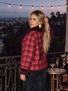 Auralis Christmas Plaid Wool Print Slim Fit Patchwork Fur Collar Jacket/Plus Size Long Sleeve Autumn/Winter Vintage Jacket - Red - View 3