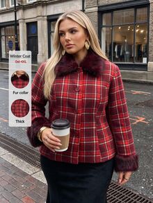 Auralis Christmas Plaid Wool Print Slim Fit Patchwork Fur Collar Jacket/Plus Size Long Sleeve Autumn/Winter Vintage Jacket - Red - View 2