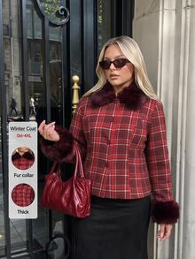 Auralis Christmas Plaid Wool Print Slim Fit Patchwork Fur Collar Jacket/Plus Size Long Sleeve Autumn/Winter Vintage Jacket - Red - View 8