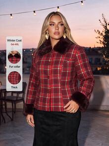 Auralis Christmas Plaid Wool Print Slim Fit Patchwork Fur Collar Jacket/Plus Size Long Sleeve Autumn/Winter Vintage Jacket - Red - View 5