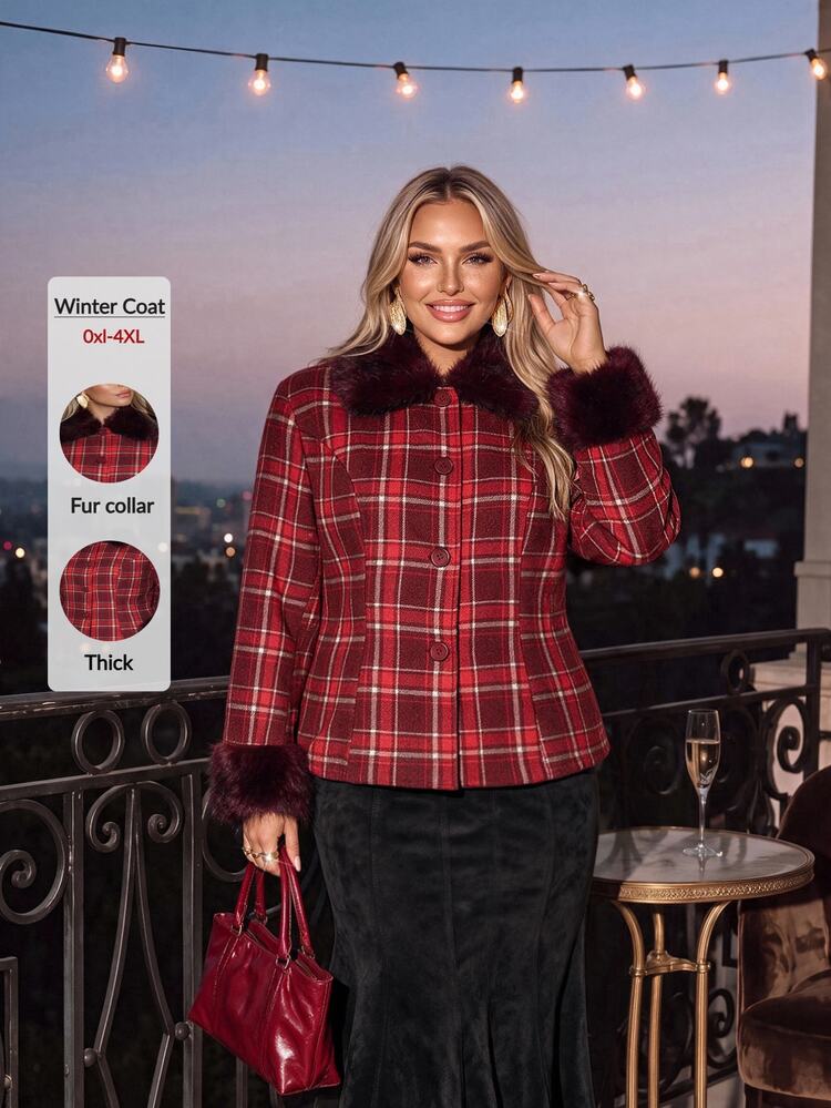 Auralis Christmas Plaid Wool Print Slim Fit Patchwork Fur Collar Jacket/Plus Size Long Sleeve Autumn/Winter Vintage Jacket - Red - View 4