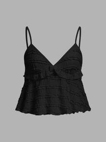 SHEIN ICON 女士休闲简约纯色提花面料吊带背心，夏季 - 黑色 - 查看 6