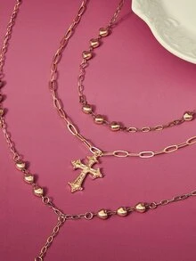 Glisma 1 Pc Golden Color Heart Chain Cross Necklace Y Chain Pendant Necklaces Layering Necklaces Set Cross Jewelry - Gold - View 2