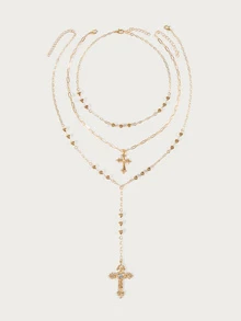 Glisma 1 Pc Golden Color Heart Chain Cross Necklace Y Chain Pendant Necklaces Layering Necklaces Set Cross Jewelry - Gold - View 3