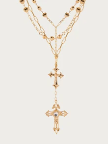 Glisma 1 Pc Golden Color Heart Chain Cross Necklace Y Chain Pendant Necklaces Layering Necklaces Set Cross Jewelry - Gold - View 1