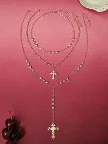 Glisma 1 Pc Golden Color Heart Chain Cross Necklace Y Chain Pendant Necklaces Layering Necklaces Set Cross Jewelry - Gold - View 4