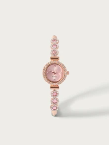 Glisma 1pc Women's Pink Crystal Beaded Drawstring Bracelet With Crystal Inlaid Alloy Watch Case, Simple Diamond Scale Dial, Elegant Fashionable Quartz Watch - Pink - View 1