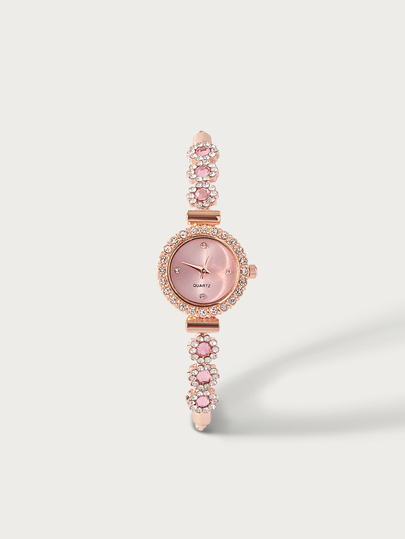 Glisma 1pc Women's Pink Crystal Beaded Drawstring Bracelet With Crystal Inlaid Alloy Watch Case, Simple Diamond Scale Dial, Elegant Fashionable Quartz Watch