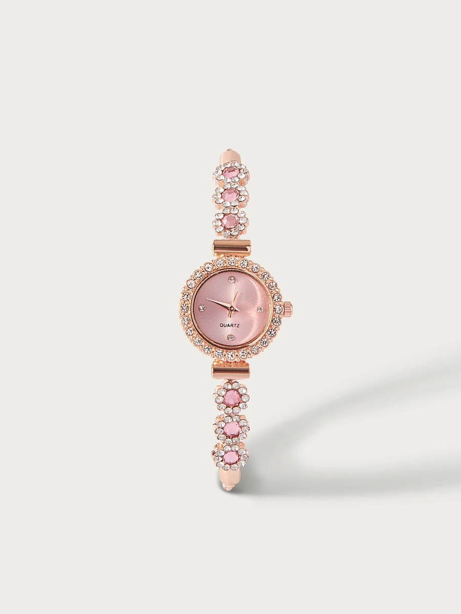 Glisma 1pc Women's Pink Crystal Beaded Drawstring Bracelet With Crystal Inlaid Alloy Watch Case, Simple Diamond Scale Dial, Elegant Fashionable Quartz Watch - Pink - View 1