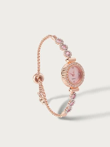 Glisma 1pc Women's Pink Crystal Beaded Drawstring Bracelet With Crystal Inlaid Alloy Watch Case, Simple Diamond Scale Dial, Elegant Fashionable Quartz Watch - Pink - View 3