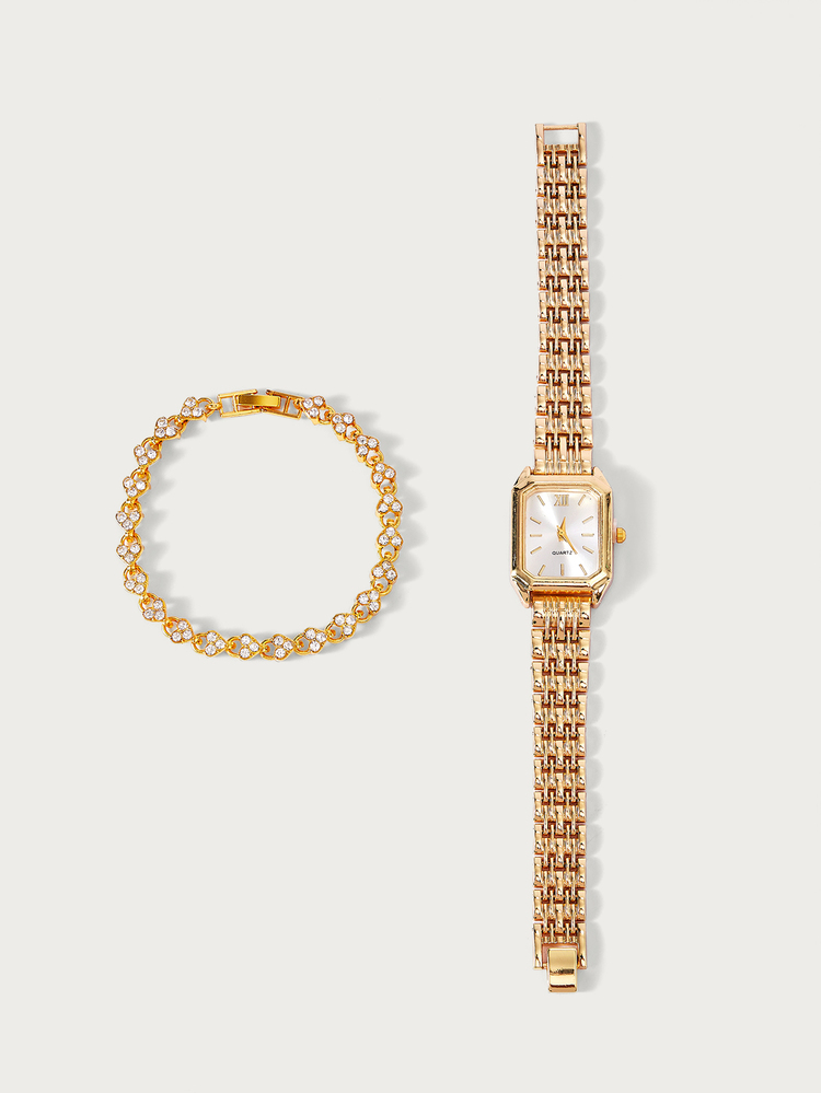 Glisma 2pcs Women's Elegant Retro Watch Set - Luxury Heart-Shaped Chain Quartz Watch With Rectangular Dial And Stainless Steel Strap, Classic Analog Watch - Gold - View 2