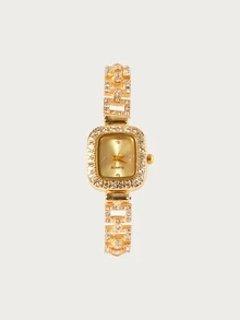 Glisma 1pc Women's Square Shaped Gold Case Rhinestone Decor Watch With Diamond Studded Dial, Hip Hop Style Quartz Wristwatch With Adjustable Strap - Gold - View 4
