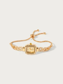 Glisma 1pc Women's Square Shaped Gold Case Rhinestone Decor Watch With Diamond Studded Dial, Hip Hop Style Quartz Wristwatch With Adjustable Strap - Gold - View 2