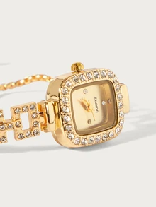 Glisma 1pc Women's Square Shaped Gold Case Rhinestone Decor Watch With Diamond Studded Dial, Hip Hop Style Quartz Wristwatch With Adjustable Strap - Gold - View 3