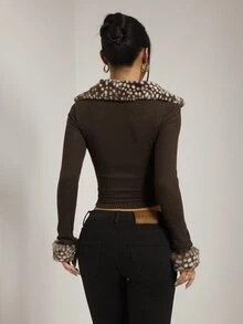SHEIN PETITE Jaket Pendek Wanita Motif Hewan Patchwork Berbahan Plush dengan Resleting dan Potongan Pas Badan - Coklat - View 8
