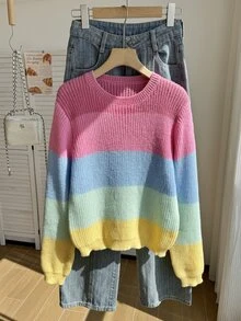 SHEIN 青少年女孩圓領針織套頭毛衣 粉色學院風可愛 Y2K 風格 百搭休閒 秋冬 六年級舞會穿搭 - 彩色 - 查看 5