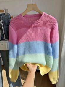 SHEIN 青少年女孩圓領針織套頭毛衣 粉色學院風可愛 Y2K 風格 百搭休閒 秋冬 六年級舞會穿搭 - 彩色 - 查看 6