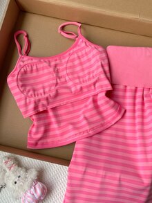 Comfortcana Women's Button Strap Tank Top And Striped Colorblock Pants 2 Pieces Set - Hot Pink - View 8
