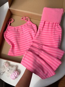 Comfortcana Women's Button Strap Tank Top And Striped Colorblock Pants 2 Pieces Set - Hot Pink - View 7