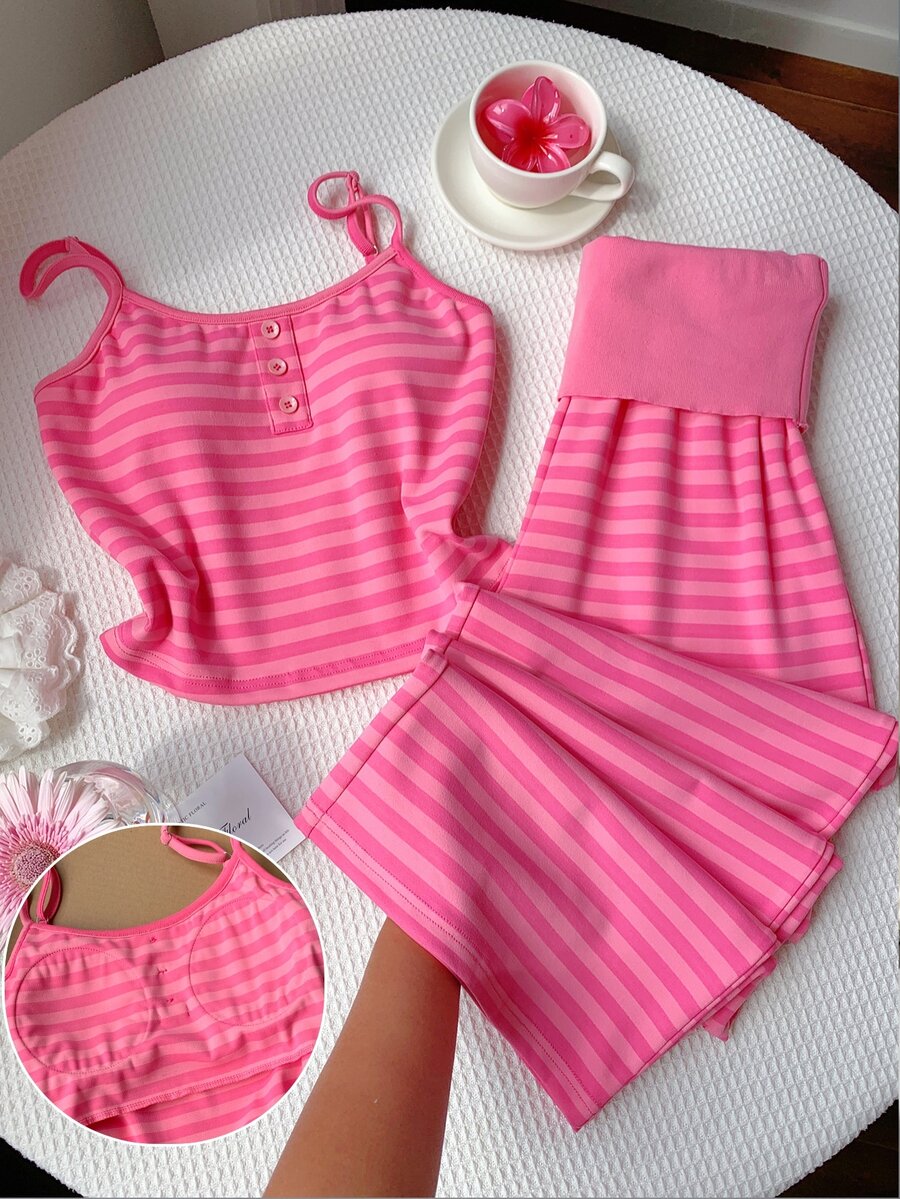 Comfortcana Women's Button Strap Tank Top And Striped Colorblock Pants 2 Pieces Set - Hot Pink - View 1