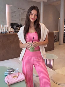Comfortcana Women's Button Strap Tank Top And Striped Colorblock Pants 2 Pieces Set - Hot Pink - View 5