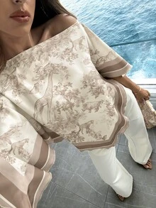 Aloruh Women's Spring/Summer Scoop Neck Scarf Blouse, Suitable For Vacation, Date Vacation, Beach, Seaside,Summer Top Beige Romantic - Multicolor - View 3