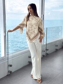 Aloruh Women's Spring/Summer Scoop Neck Scarf Blouse, Suitable For Vacation, Date Vacation, Beach, Seaside,Summer Top Beige Romantic - Multicolor - View 5