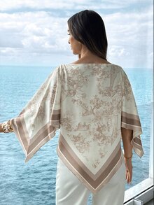 Aloruh Women's Spring/Summer Scoop Neck Scarf Blouse, Suitable For Vacation, Date Vacation, Beach, Seaside,Summer Top Beige Romantic - Multicolor - View 2