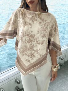 Aloruh Women's Spring/Summer Scoop Neck Scarf Blouse, Suitable For Vacation, Date Vacation, Beach, Seaside,Summer Top Beige Romantic - Multicolor - View 8