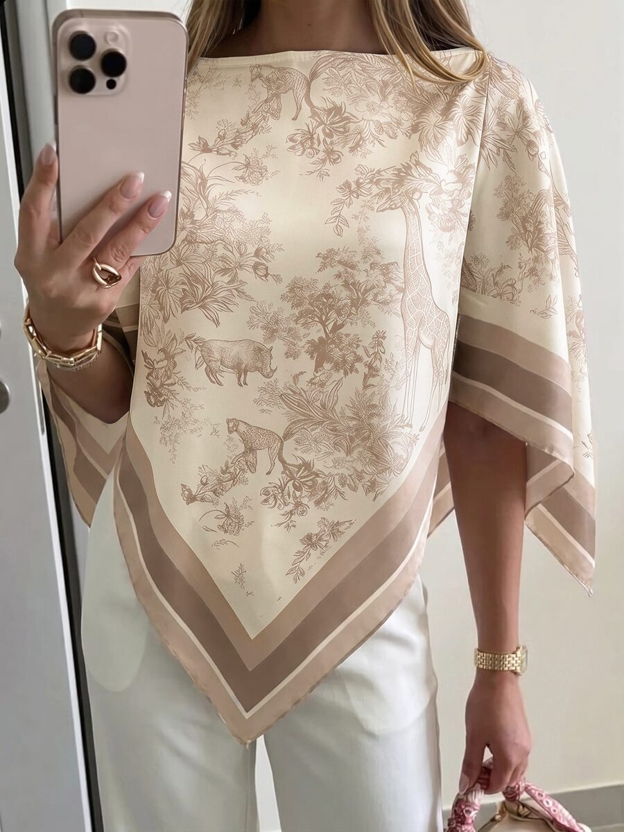 Aloruh Women's Spring/Summer Scoop Neck Scarf Blouse, Suitable For Vacation, Date Vacation, Beach, Seaside,Summer Top Beige Romantic - Multicolor - View 1