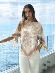 Aloruh Women's Spring/Summer Scoop Neck Scarf Blouse, Suitable For Vacation, Date Vacation, Beach, Seaside,Summer Top Beige Romantic - Multicolor - View 7