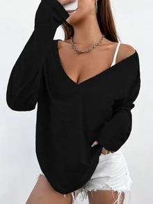 StreetHx Simple Big V-Neck Basic T-Shirt Off Shoulder Long Sleeveoff Shoulder Sweater Fall Cloth For Women - Black - View 3