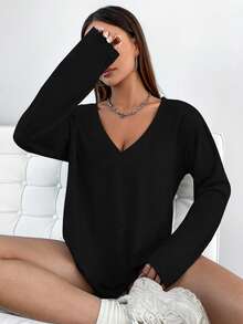 StreetHx Simple Big V-Neck Basic T-Shirt Off Shoulder Long Sleeveoff Shoulder Sweater Fall Cloth For Women - Black - View 7