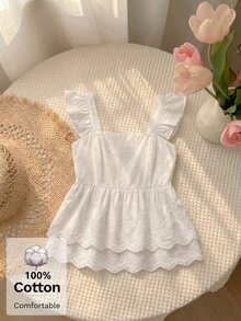 SHEIN MOD Women's Pure Cotton White Cap Sleeve Camisole Blouse With Embroidered Wavy Hem And Double Layer Ruffle Trim Everyday Date Summer Cottagecore Cute - White - View 8