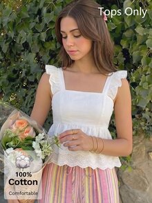 SHEIN MOD Women's Pure Cotton White Cap Sleeve Camisole Blouse With Embroidered Wavy Hem And Double Layer Ruffle Trim Everyday Date Summer Cottagecore Cute - White - View 7