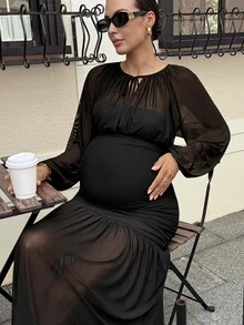 MaterniWear Maternity Vintage Pleated Long Sleeve Tie-Front Dress - Black - View 3
