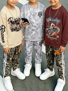 2件組青少年男孩運動衫套裝，復古街頭風圖案，米色與橄欖綠，賽車字母迷彩，寬鬆長袖，適合秋季返校學生 - 彩色 - 查看 7