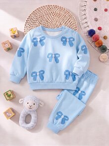 SHEIN Kids Kids Kids Newborn Cute Blue Bow Sweatshirt & Elastic Waist Long Autumn Winter Pants Set - Blue - View 2