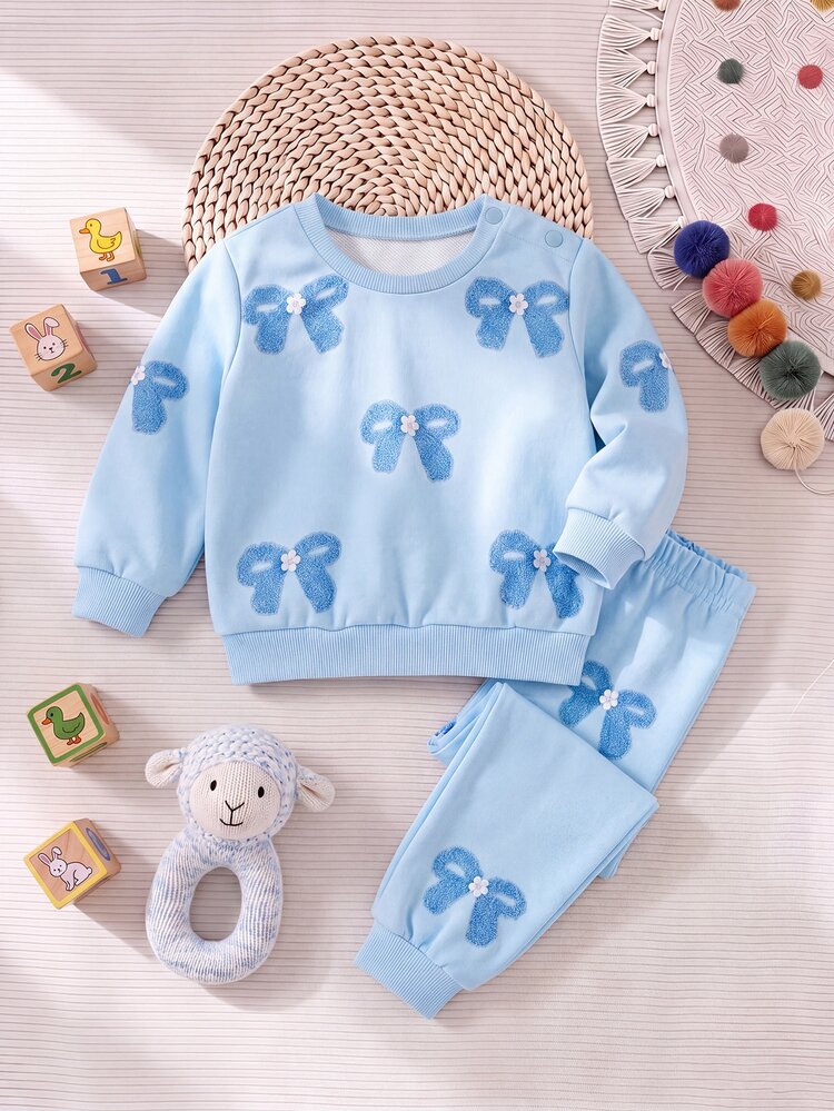 SHEIN Kids Kids Kids Newborn Cute Blue Bow Sweatshirt & Elastic Waist Long Autumn Winter Pants Set - Blue - View 2