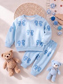 SHEIN Kids Kids Kids Newborn Cute Blue Bow Sweatshirt & Elastic Waist Long Autumn Winter Pants Set - Blue - View 7